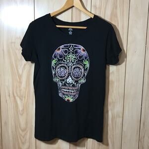 Celebrate Halloween Black Sugar Skull Scoop Neck Short Sleeve T-Shirt L